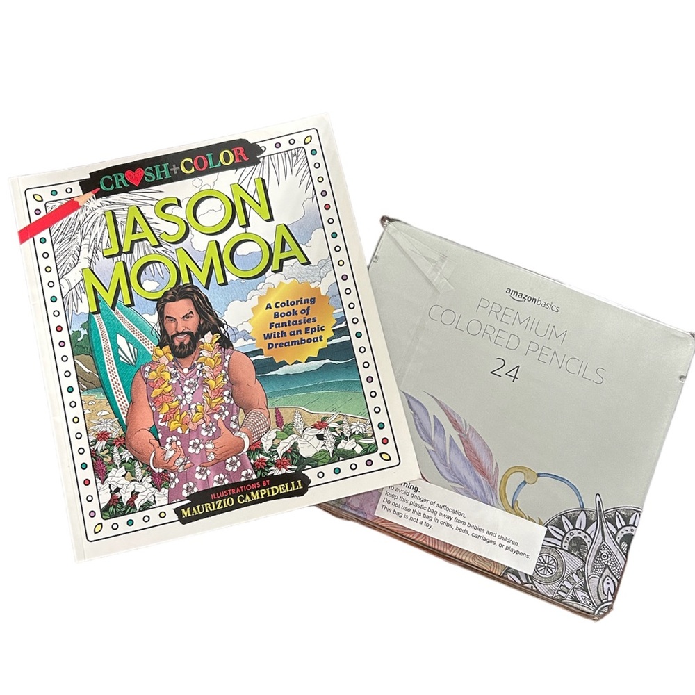 Jason Mamoa coloring book and brand new set of coloring pencils.